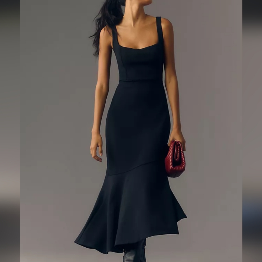 Anthropologie The Ariana Square Neck Black Assymetrical Ruff Hem Dress XXS